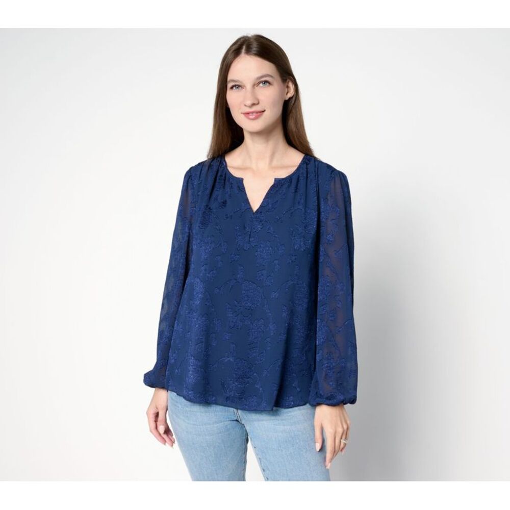Studio Park Women's Top Sz M x Terri Conn Clip Jacquard Chiffon Blue A691449